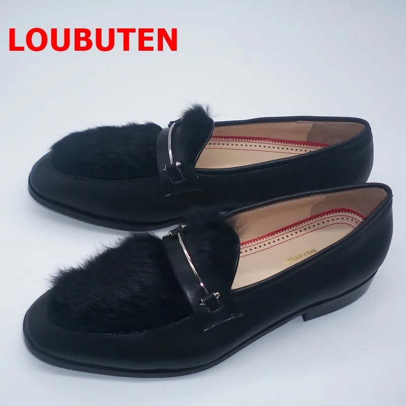 

Black Long Plush Genuine Leather Loafers Luxury Men Casual Shoes Slip On Men's Flats Party And Banquet Shoes