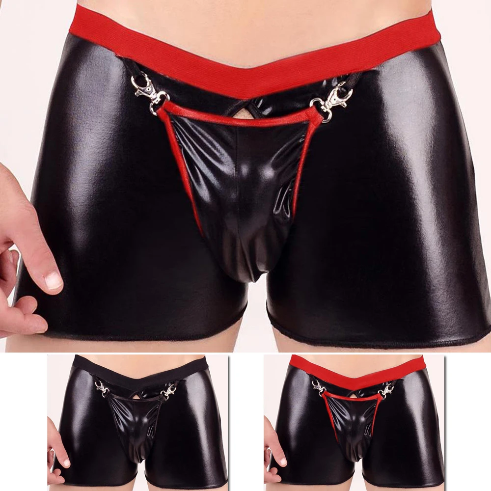 Mens Underwear Shiny Leather Shorts 2XL Leather Trunks For Men Zip Boxer Briefs Boxershorts Classic Style Soft Material