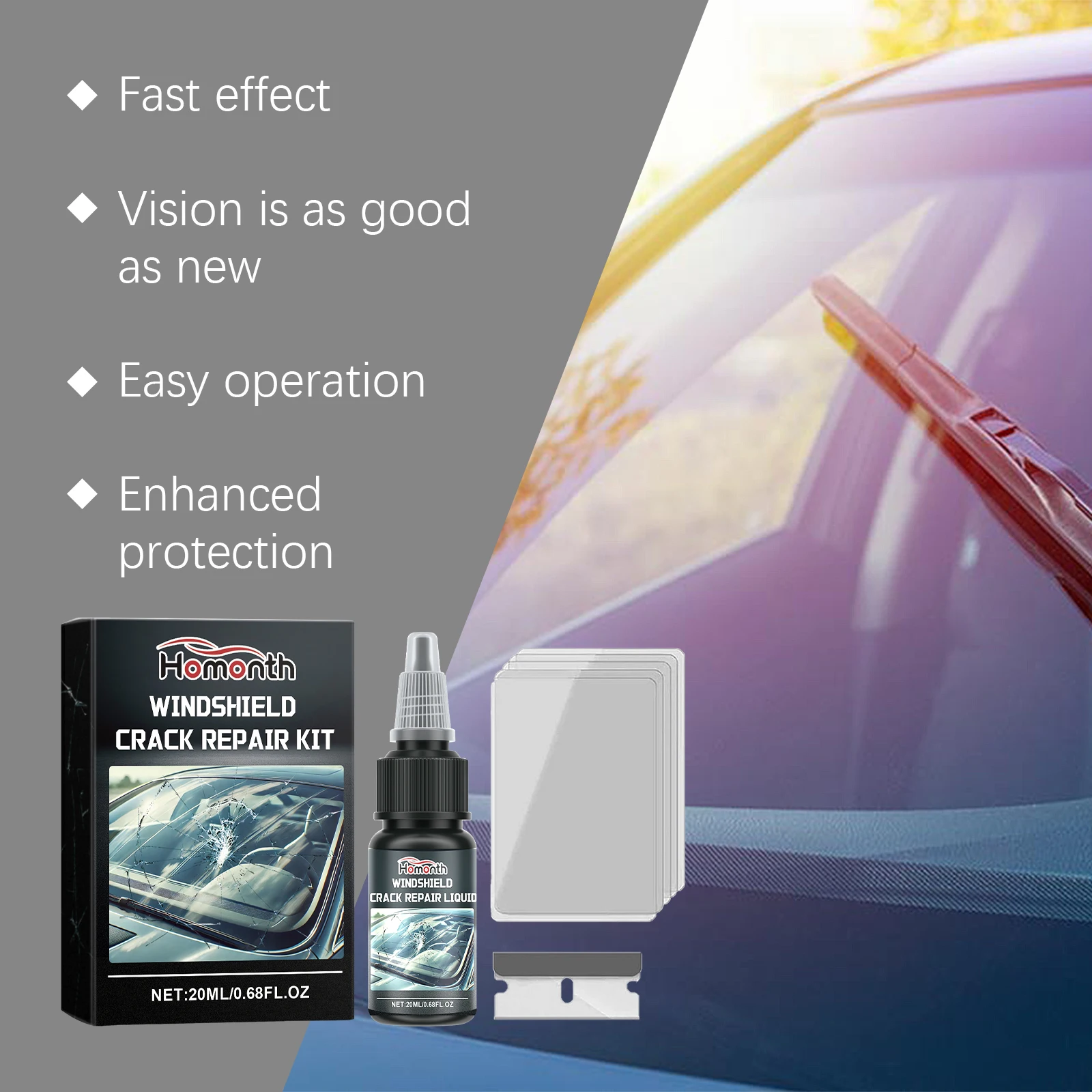 Windscreen Crack Repair Kit Automotive Glass Repair Adhesive Prevents Crack Progression Sets Cracks and Scratches Bonding Soluti