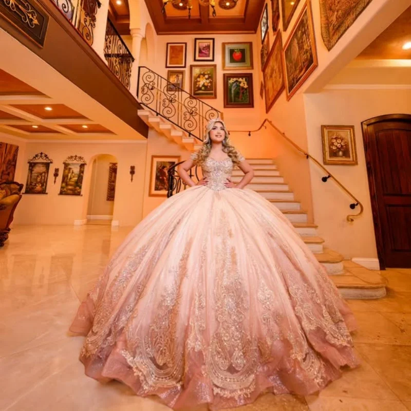 

Customized Shiny Pink Quinceanera Dresses Off the Shoulder sequin crystal applique Long tail Tull Vestido 15 Quinceanera
