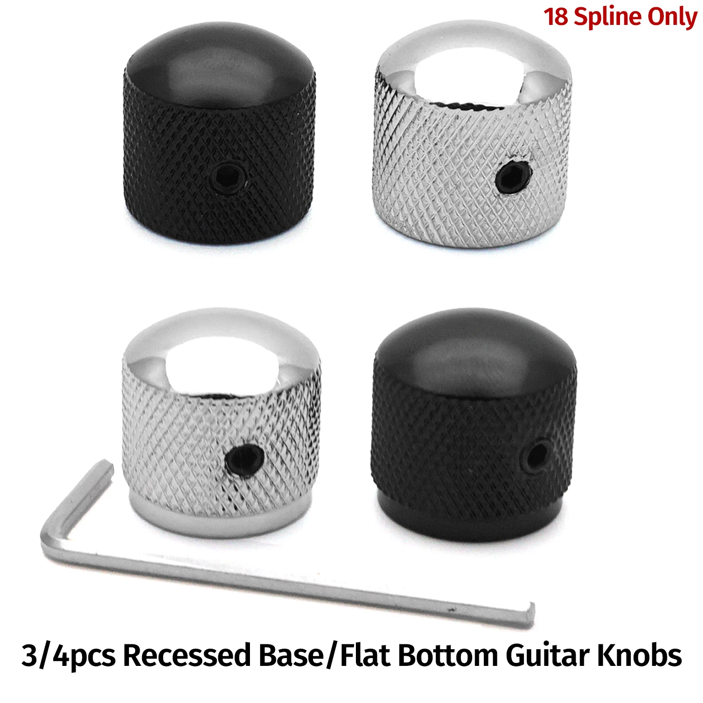 2/3/4pcs Metal Guitar Control Knobs 18 Spline, Recessed Base / Flat Bottom, Volume Tone Knobs for Electric Guitar