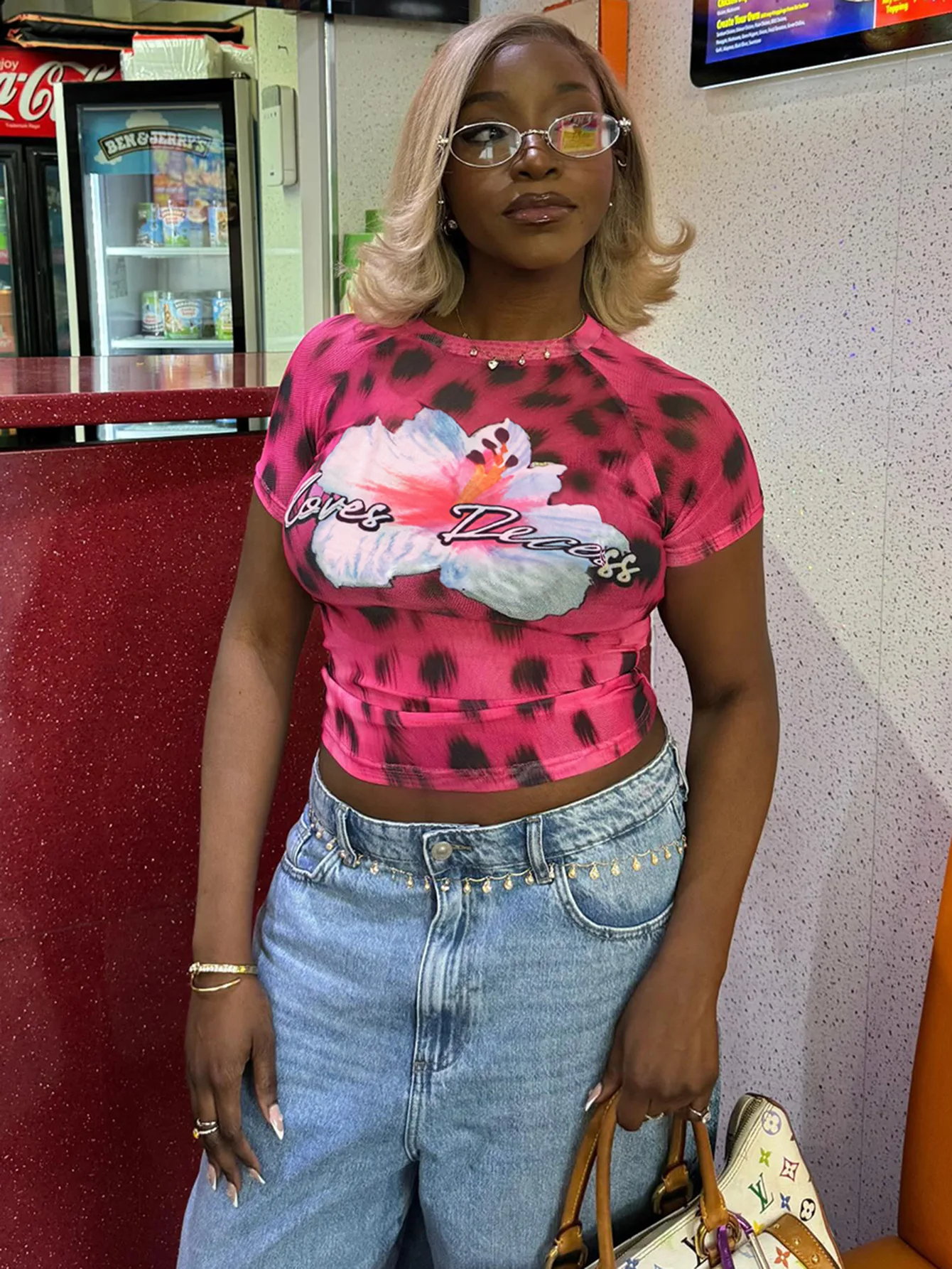 Femme Dopamine Hotsweet Maille Imprimé Hauts Chemises T-shirts Femmes Mince Date Rose Streetwear Anniversaire Festival Hauts D'été Ins Chic T-shirts