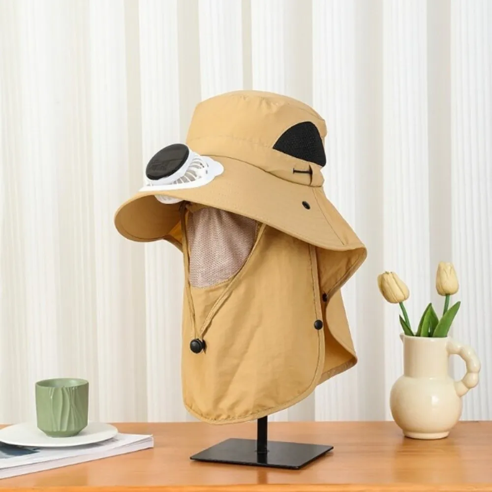 Portable Solar Rechargeable Fan Hat Long-lasting with Face Cover Fishing Sun Shading Hat 1000mA Adjustable Wide Brim Fan Hat