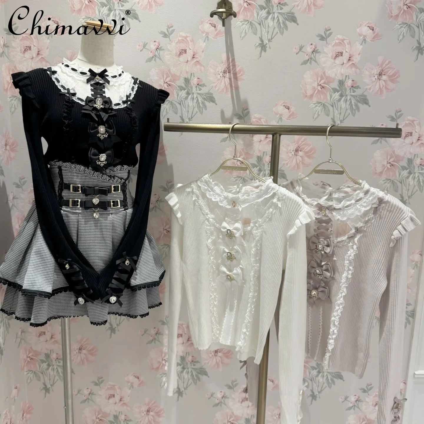 

Japanese Style Liz Cute Bow Lace Patchwork Knitted Sweater Autumn New Sweet Girl Long Sleeve Elegant Princess Sweater Top