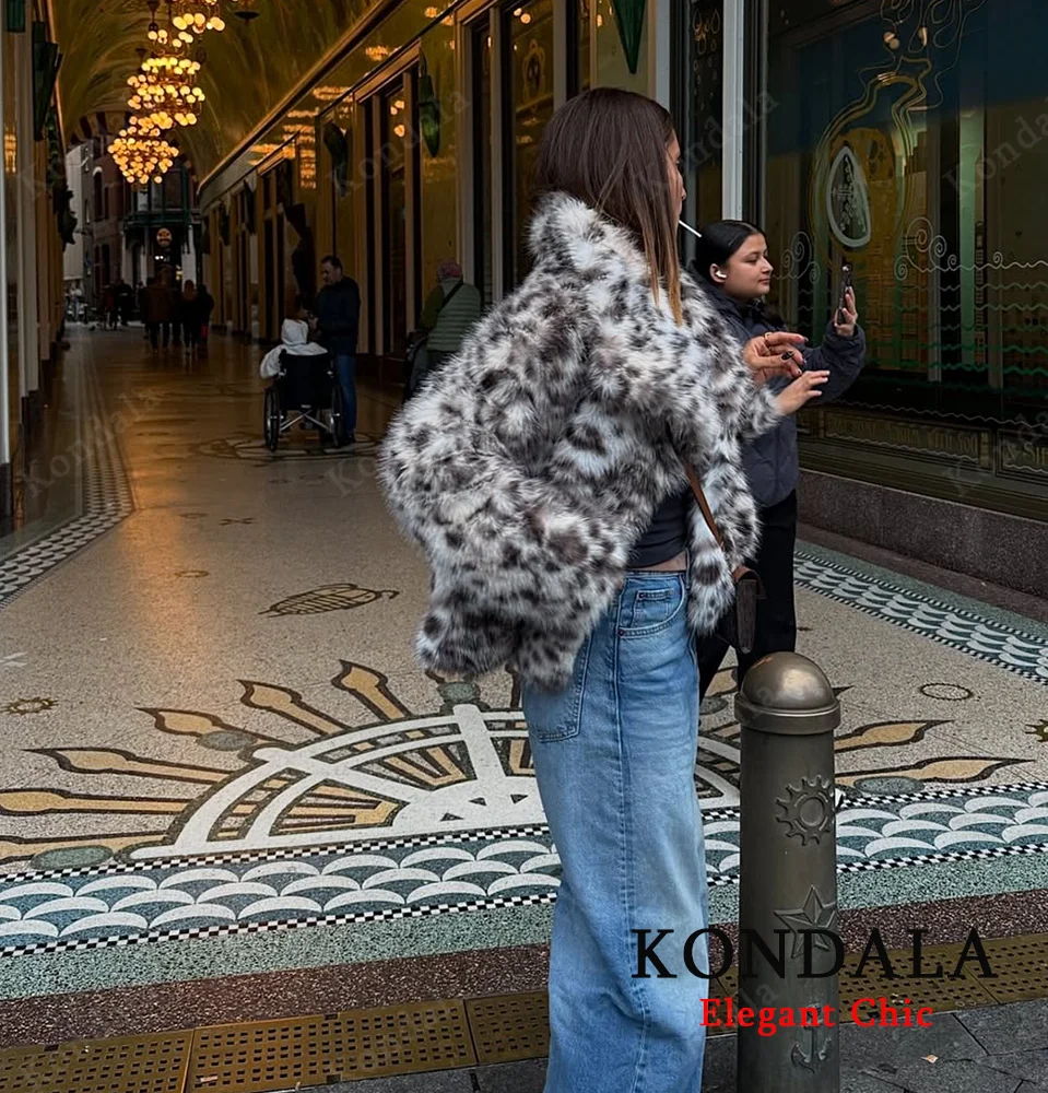 معطف KONDALA للسيدات لخريف وشتاء الفهد مطبوع عليه الفرو معطف فرو صناعي بطية صدر السترة 2025 معطف نسائي أنيق ودافئ أنيق