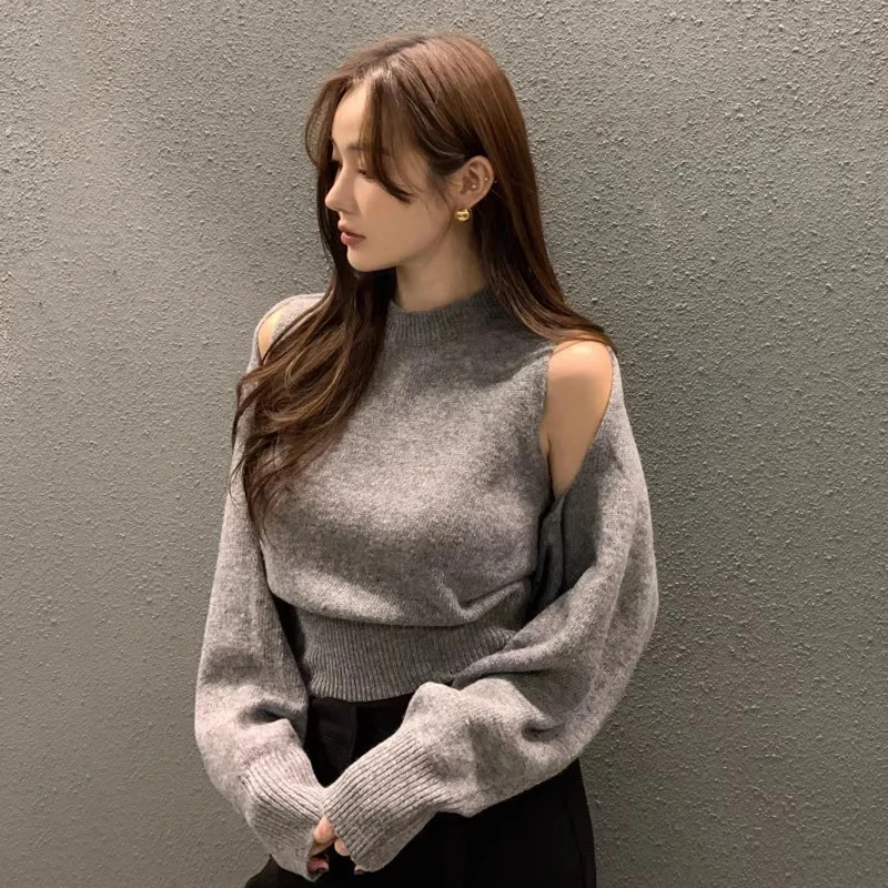 High Neck Knitted Sleeveless Vest Black Grey Shawl Cardigan Two-piece Sets Mujer Winter Clothes Women Sweater Tops Sueter