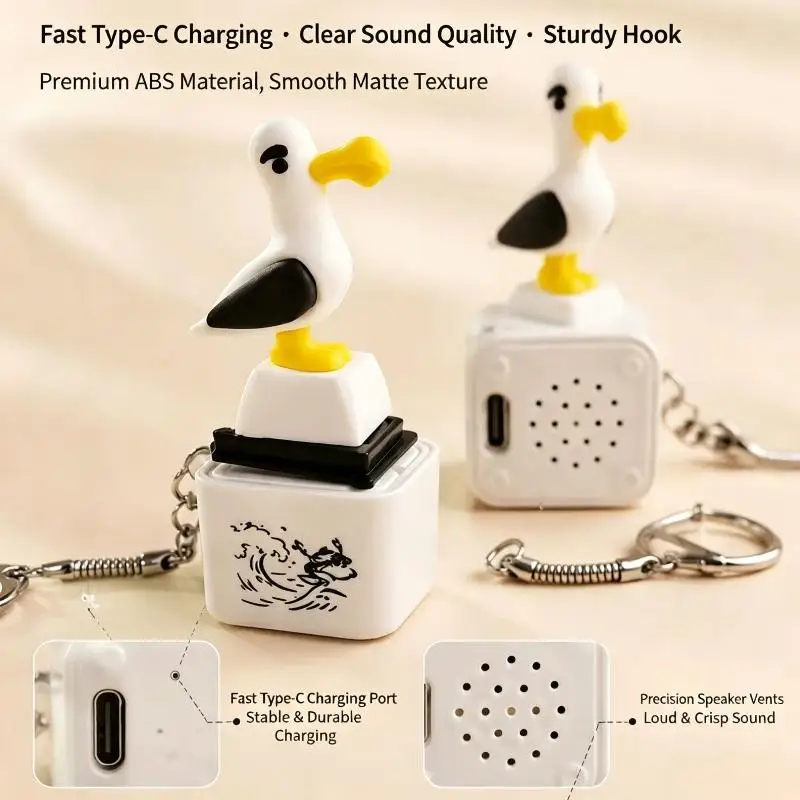 Cute Seagull Fidget Toy Type-C Rechargeable Keychain With Sound & LED Lights Funny Keyboard Clicker Stress Relief Bag Pendant