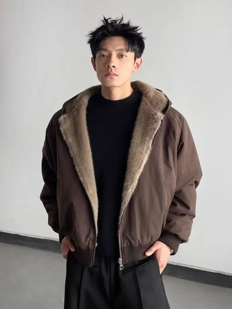 

Cleanfit Men's And Women's Winter Jaet Rabbit Fur Lined Leather Cotton Coat Couple Outwear Warm Thiened Long Sve Hooded