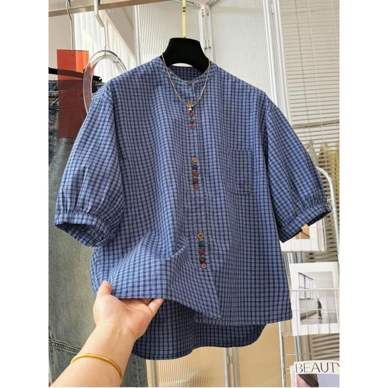

2026 New Retro Small Plaid Stand-up Collar Short-sleeved Shirt Women's Summer Shirt Top