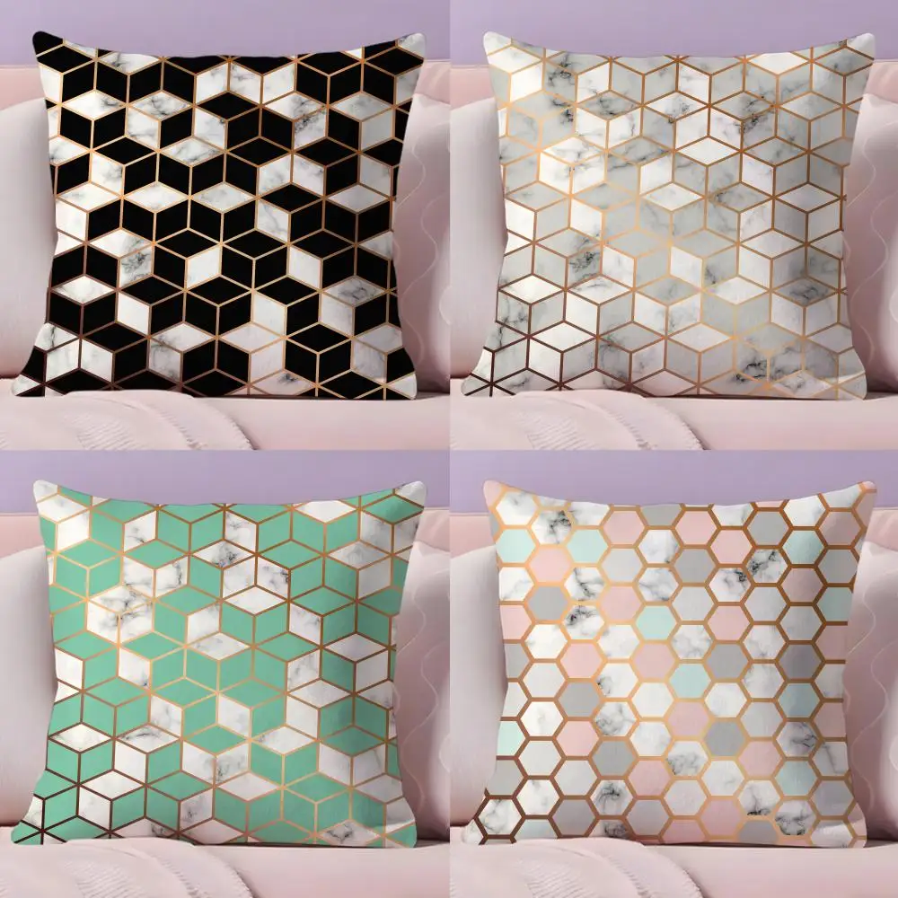 Hexagon Marble  Pattern Cushion Cover Plush Fabric Soft Double-Sided Printed Sofa Warm Winter Home Gift Pillow Cover