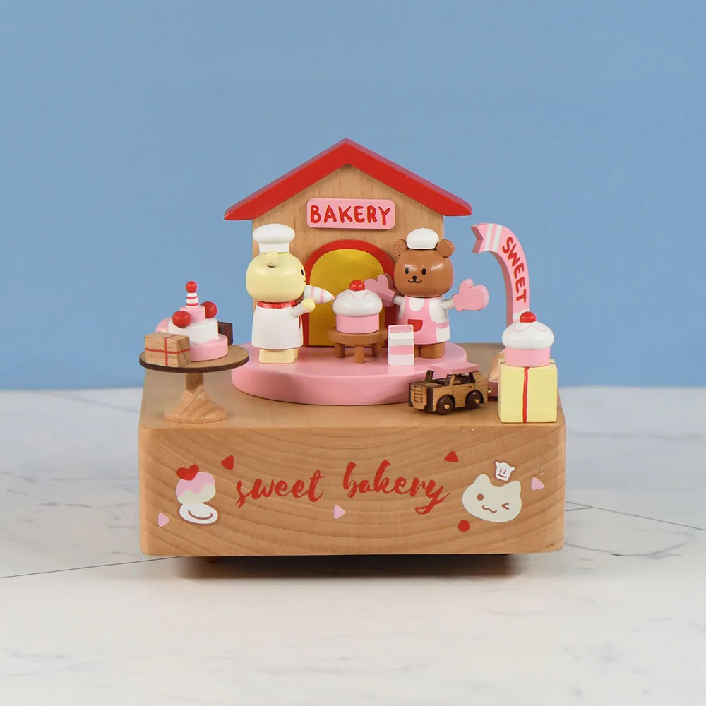 

Lovely Bakery House Custom Logo Engraved 18 Note Wooden Music Box for Valentine's Day Holiday Gifts