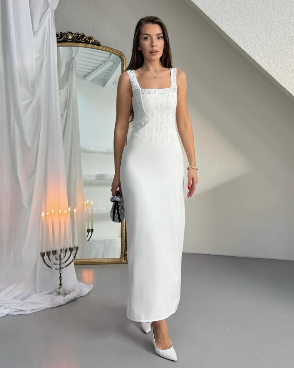 Customized Formal Women Jersey Rhinestone Pleat Straight Evening Dresses Fashion Spaghetti strap Sleeveless Ankle Length Dresses