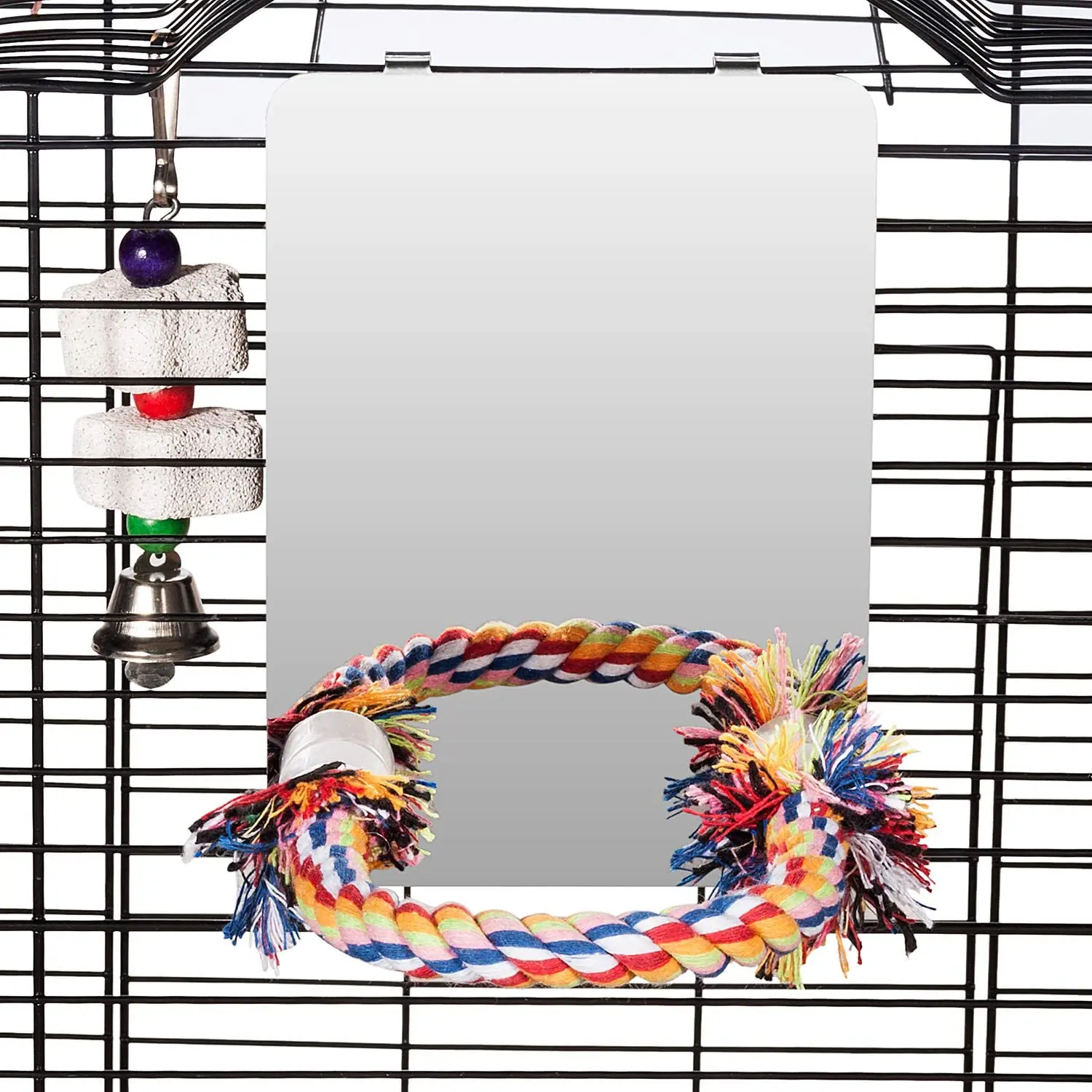 Bird Rope Parrot Perch Stainless Steel Mirror with Woven Cotton Standing Rests Cage Accessories