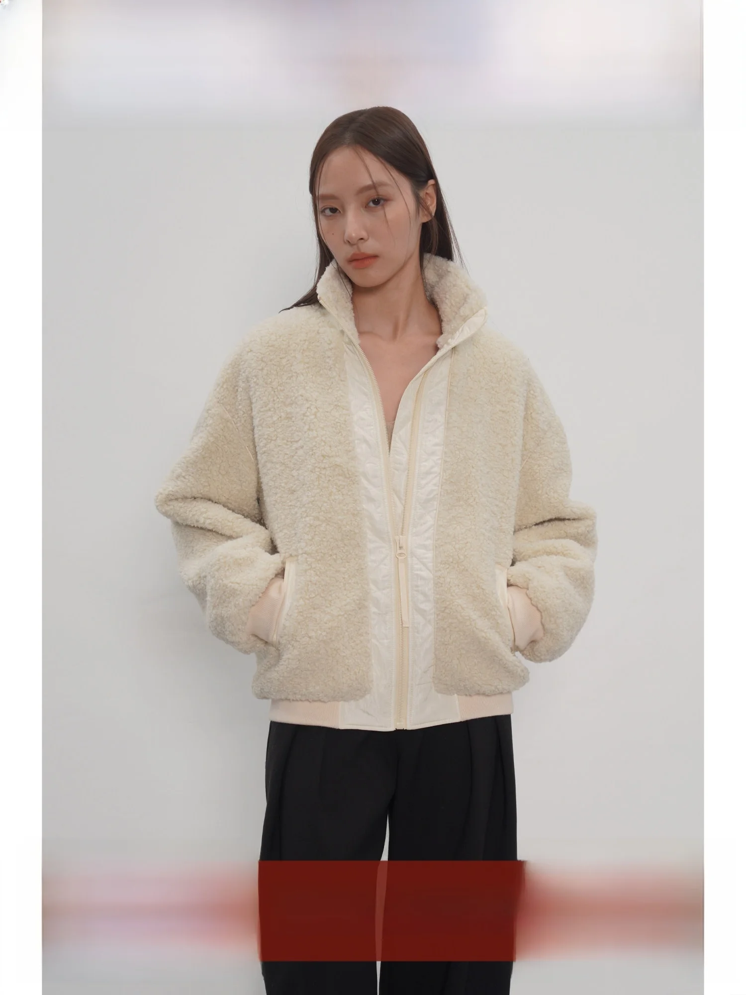 

EIGHTHMONTH Women's Lamb Fur Jaet Autumn Winter Casual Sle Loose Warmthin Fce Lined Stand Collar Zipper Coat