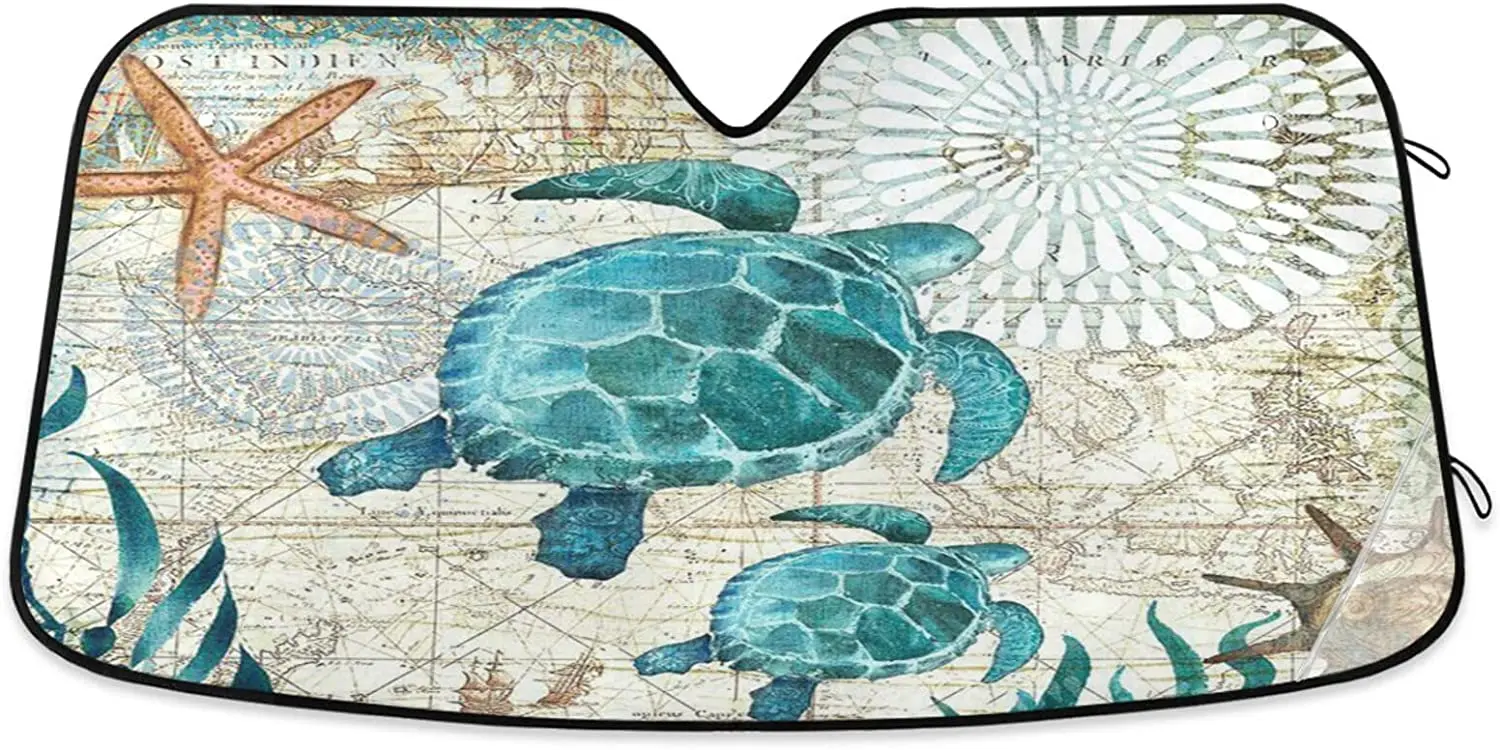 Vintage Ocean Sea Turtle Starfish Map Car Windshield Sunshade Foldable Blocks Sun Visor Protector Keep Cool for Car Truck SUV