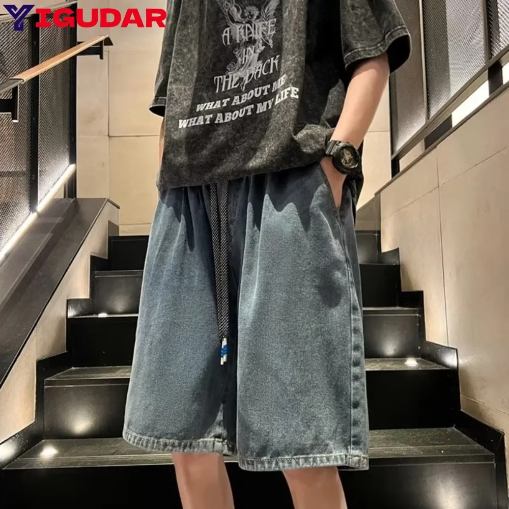 

American style New Men Loose Summer Thin style Washed Shorts Jeans Streetwear Retro Hip Hop Wide Leg Baggy Denim Short Pants