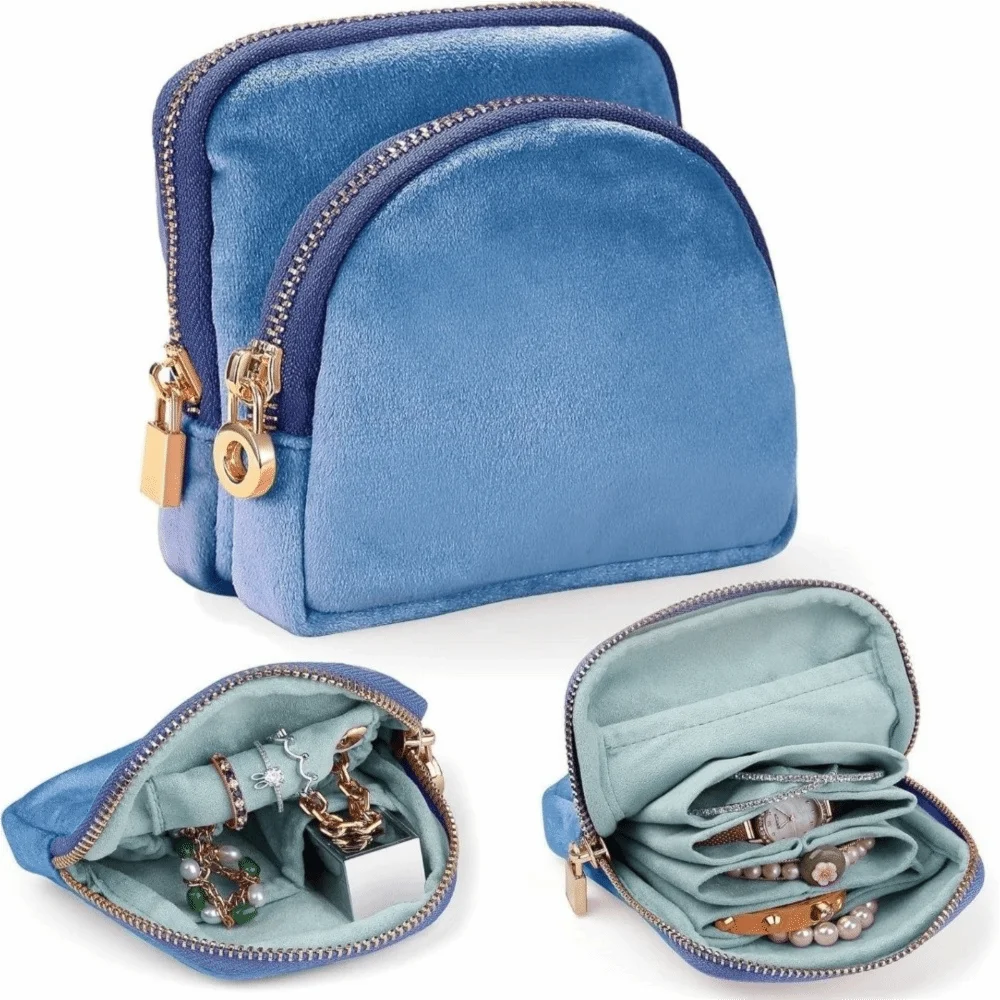 Portable Soft Velvet Travel Jewelry Case 2-in-1 Slim Size Jewelry Storage Bag Dustproof Partition Jewelry Bag