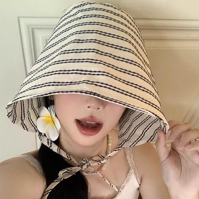 Large Brim Foldable Bucket Hats With String For Women Korean Striped Female Panama Bob Outdoor Beach Fishermen Hat