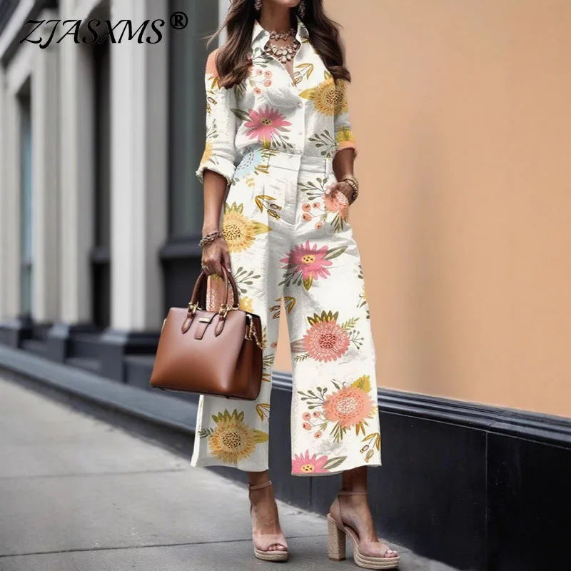

New Two Piece Set 2025 Spring Floral Print Slim Straight Outfit Autumn Long Sleeve Button Lapel Shirt & Wide Leg Pant Suit Mujer