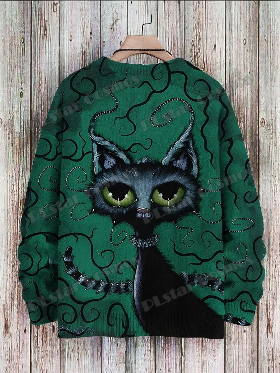 Halloween Black Cat Art Pattern 3D Printed Men's Knitted Pullover Winter Unisex Casual Knit Sweater Funny ZZM129