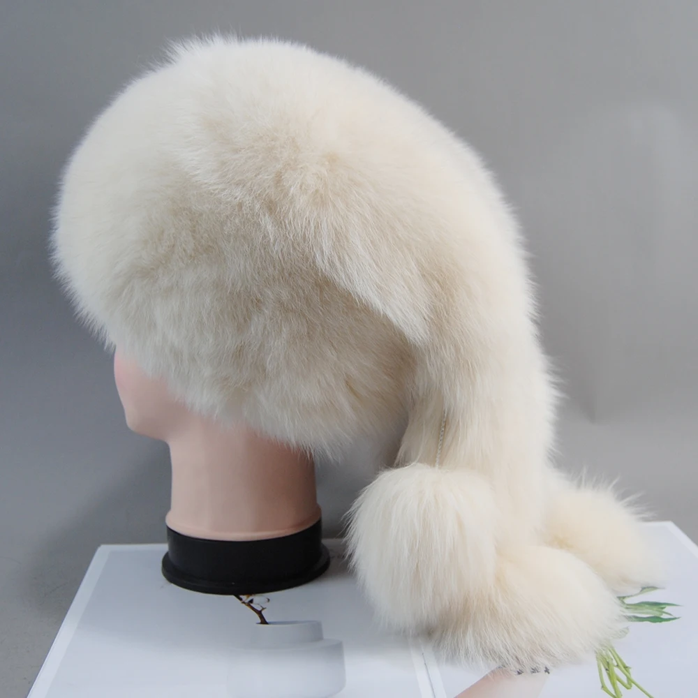 2025 Russian Women Luxurious 100% Natural Fox Fur Cap Winter Thick Fur Hat New Lady Fluffy Whole Skin Real Fox Fur Bomber Hats