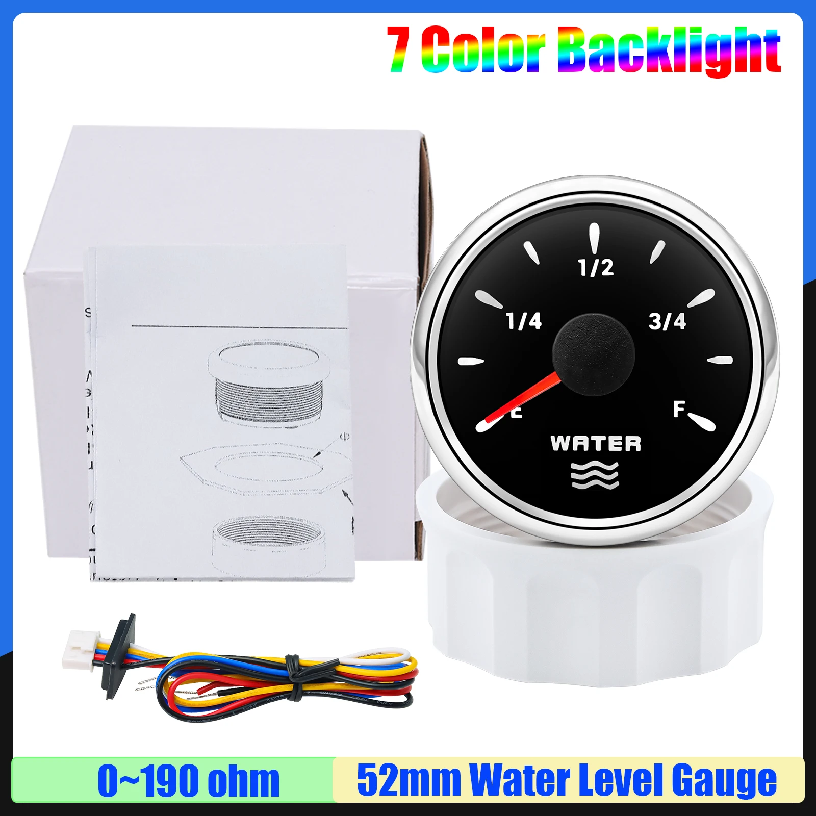 0-190Ohm Waterniveausensor 52mm Waterniveaumeter met 7-kleuren LED watertankmeter indicator voor marine jacht boot auto 12V24V