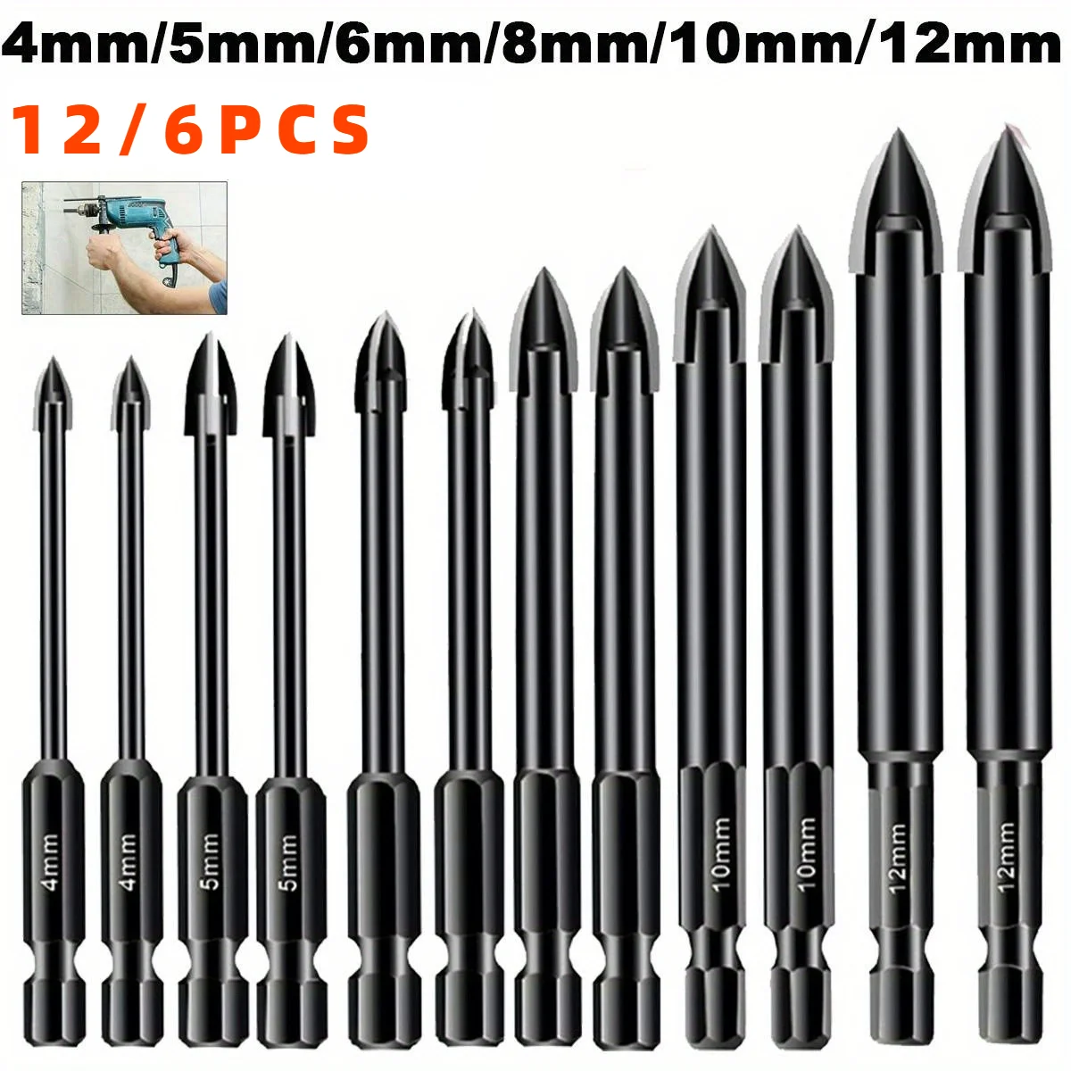 12/6Pcs Multifunctional Drill Bits Construction Tungsten Ceramic Triangle Bit Set for Ceramic/Tile/Concrete/Brick Wall