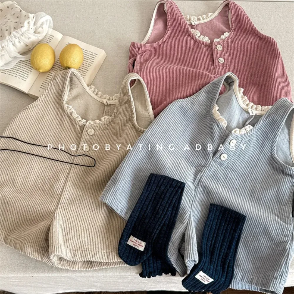 Baby Corduroy Sleeveless Overalls Lace Neck Loose Girls Jumpsuit Kids Casual Sling Shorts Spring Autumn Daily Wear Romper Outfit