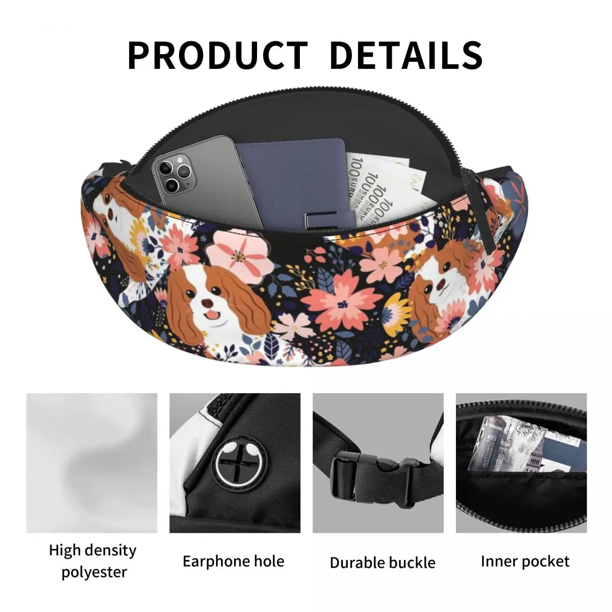 Cute Cavalier King Charles Spaniel Garden Fanny Pack para Homens Mulheres Cool Dog Crossbody Cintura Bag Viajando Telefone Money Pouch