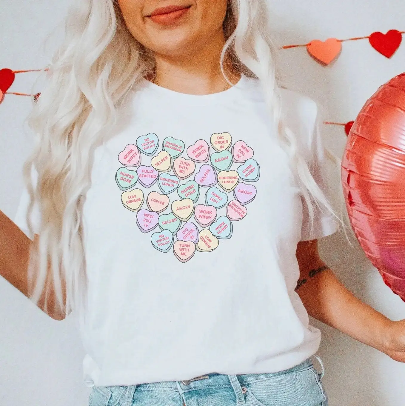 Nurse Valentine'S Day T Shirt Bedside Med Surg Rn Colorful Hearts Medical Surgical Vday Nursing