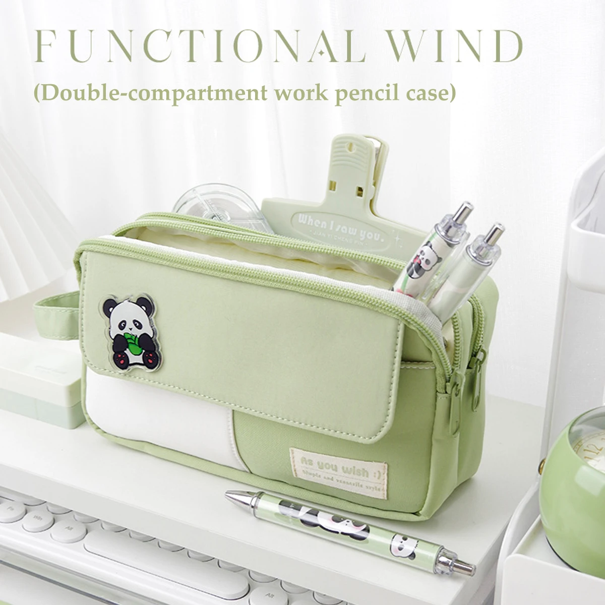 

Cartoon Panda Simple Large Capacity Pencil Bag Green/Black/Purple Double Compartment High School Student Stationery Bag Portable