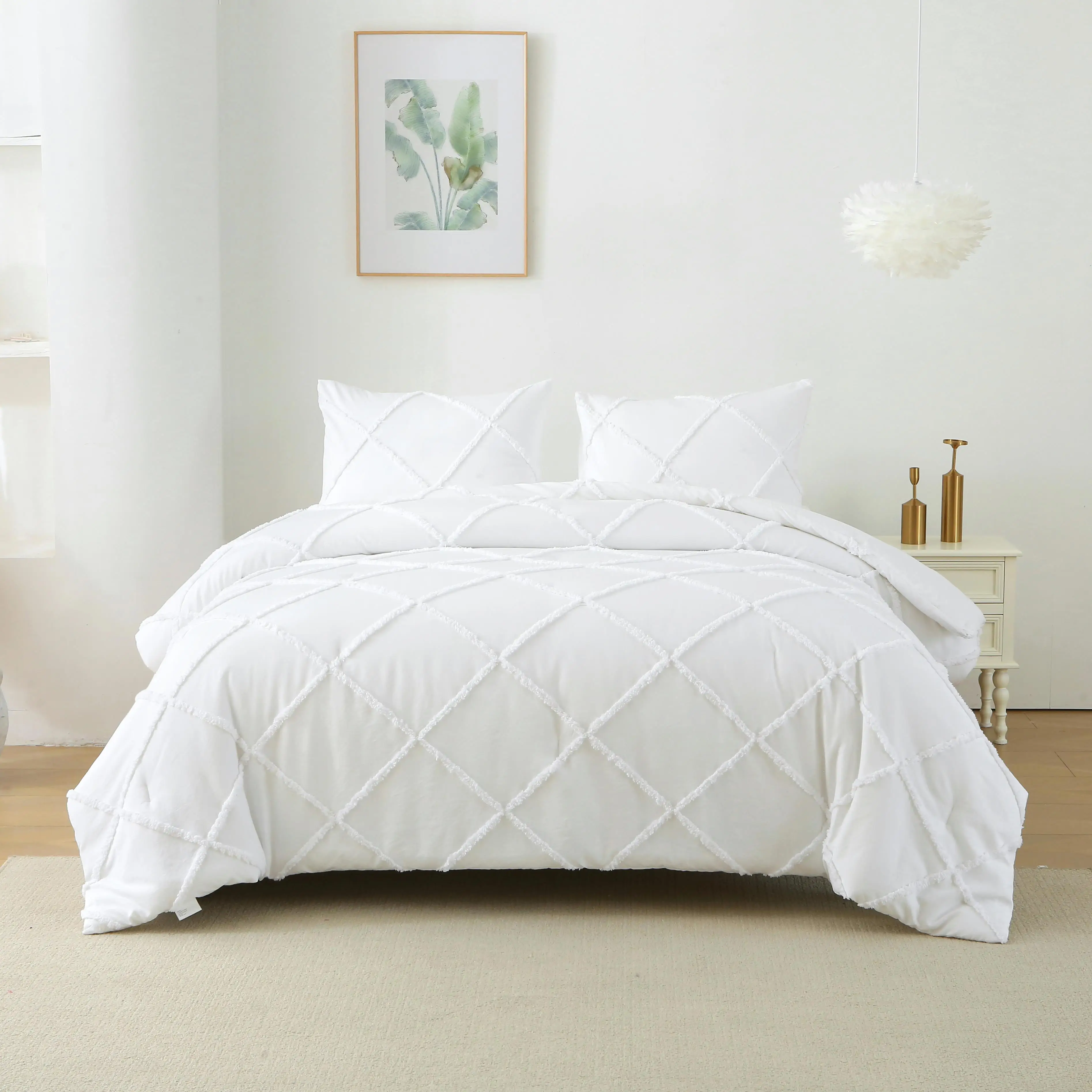 King Comforter Set, 3 Pieces Boho Tufted Bedding Set with 1 Down Alternative Comforter and 2 Pillow Shams, for White