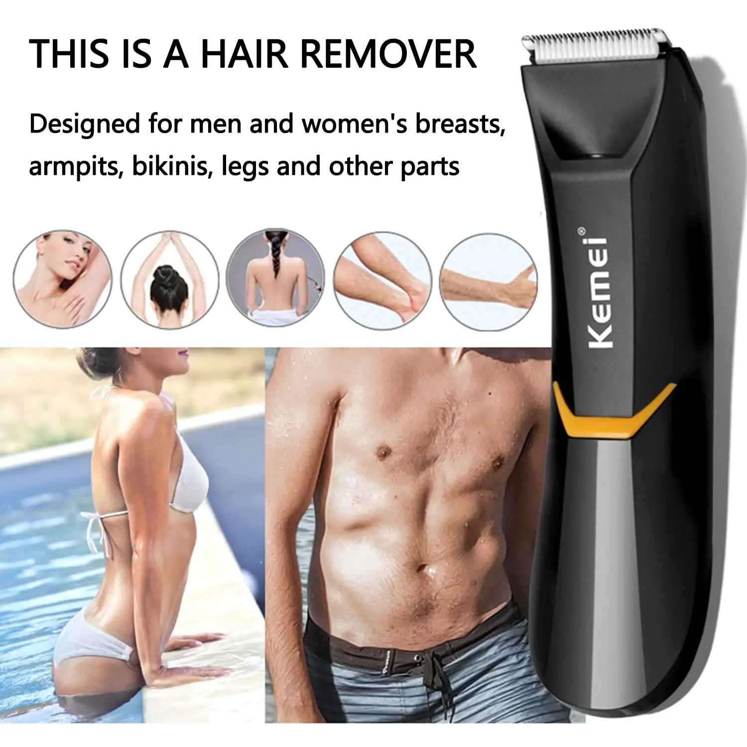 Kemei Electric Groin Body Trimmer Men Women Rechargeable Shaver Pubic Hair Trimmer Washable Clippers Body Groomer Beard Grooming