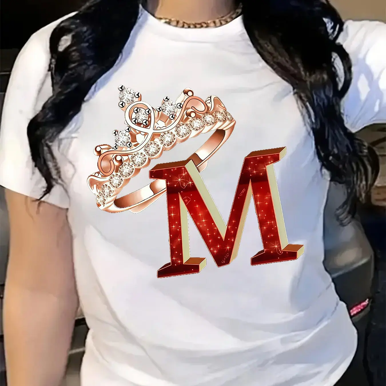 

Christmas Style Fashion Women's T-shirt 3D M Letter Printed Crew Neck Short Sleeve Top Street Hip Hop X'mas Party Female Clothes