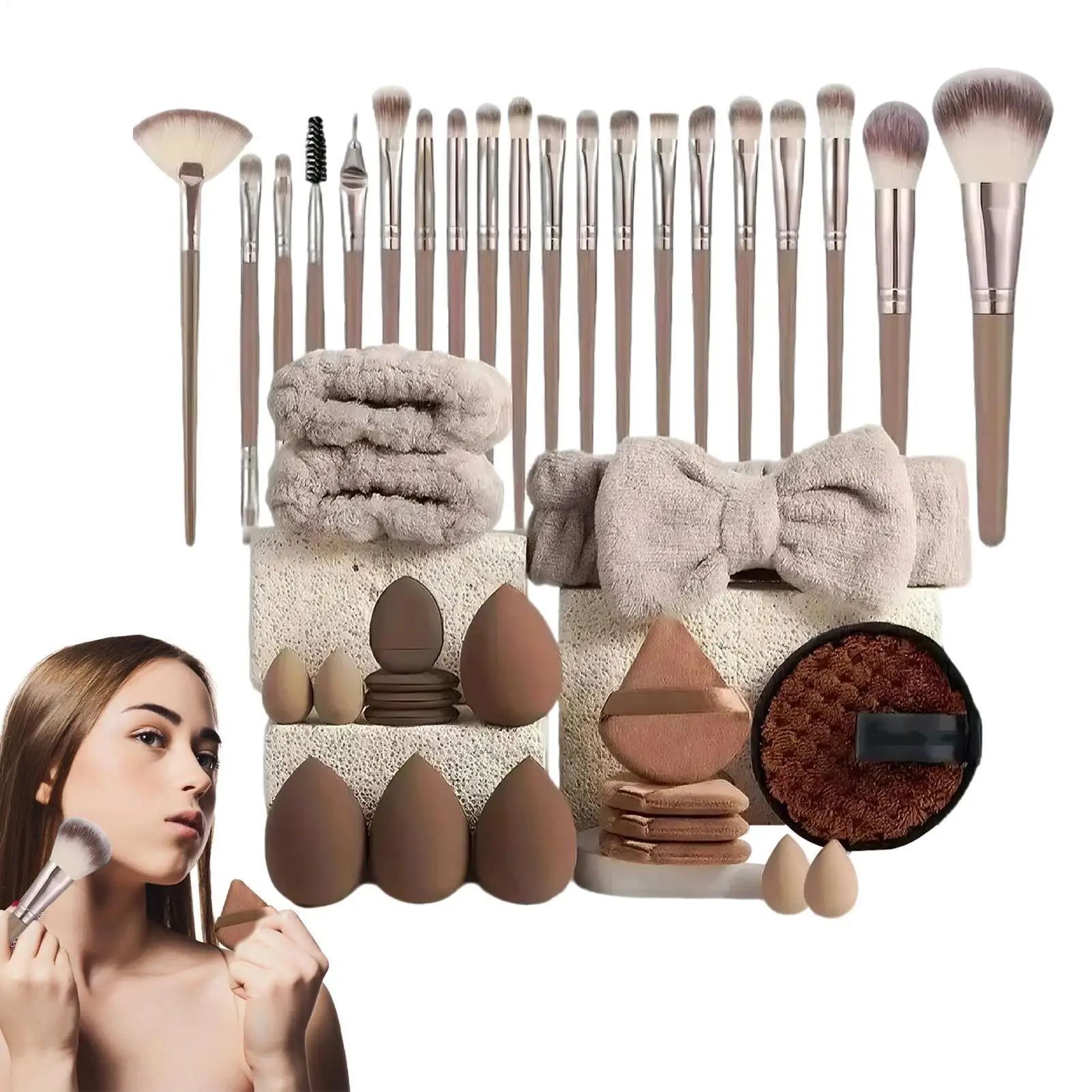 Make-up kwasten en sponzen set bruine make-up bladerdeeg, schoonheid ei, hoofdband polsbandje remover kit make-up tool cadeau