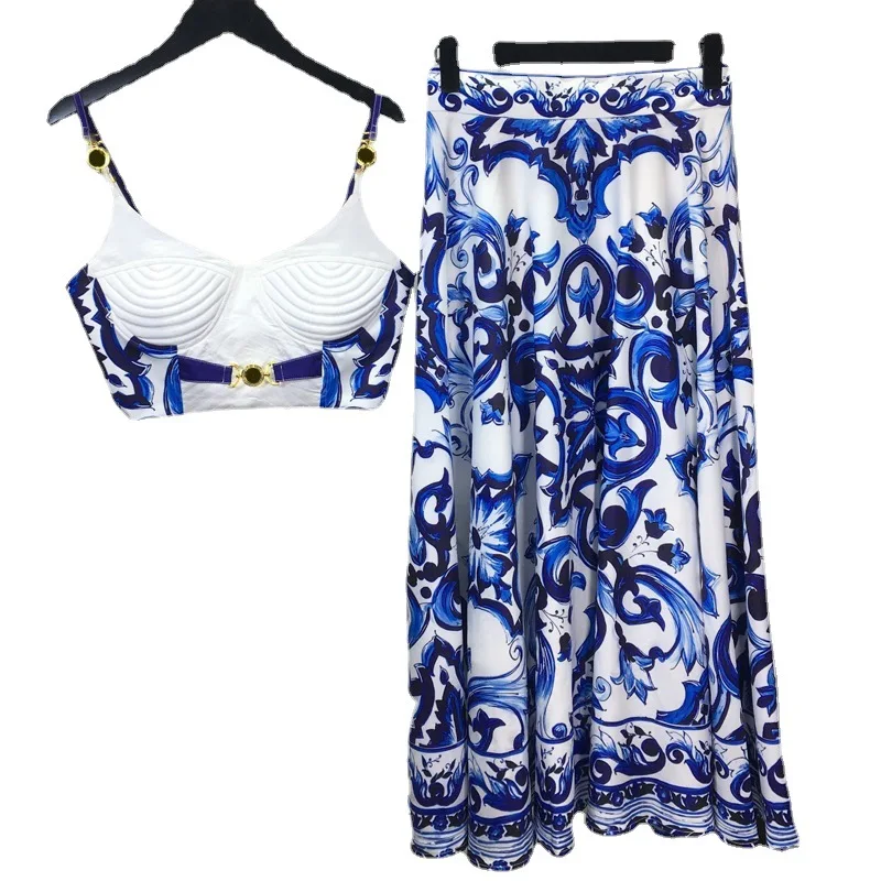 Zomer Bohemain Blauw En Wit Porselein 2 Stuks Set Dames Spaghetti Bandje Gewatteerde Cup Tank Camis Tops + Print Lange Rok Pak