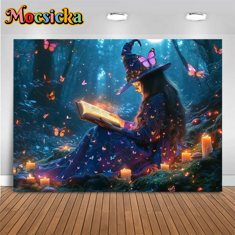 Mocsicka Halloween Backdrop Forest Witch Magic Book Butterfly Dark Forest Photography Background Fairy Tale Portrait Photo Booth