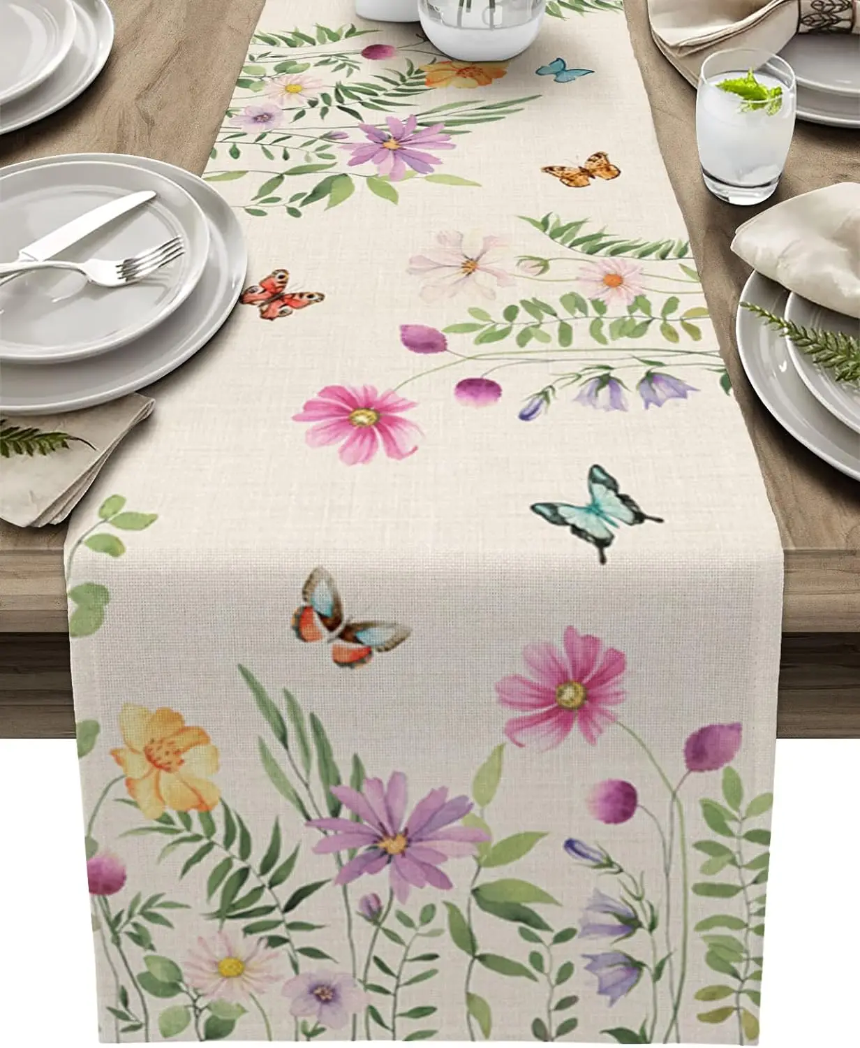Chemin de Table en Lin Lavable à Fleurs Colorées, Papillon, Écharpes de Commode, Décoration de Maison, Soirée, Printemps, Été
