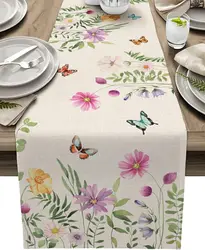 Spring Floral Linen Table Runner Summer Colorful Flower Butterfly Dresser Scarves Table Decor Washable Home Dining Party Decor