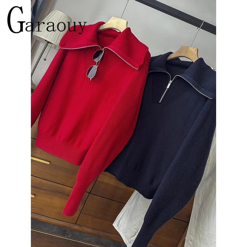 Garaouy 2023 Autumn Winter Solid Zip Lapel Long Sleeve Knit Pullover Female Short Slim Thick Warm Jumper Sweater Street Knitwear