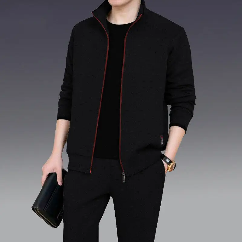 Winter New Men\'s Two-piece Stand Up Collar Solid Color Long Sleeved Fashionable Slim Fit Comfortable Casual Versatile Sports Set