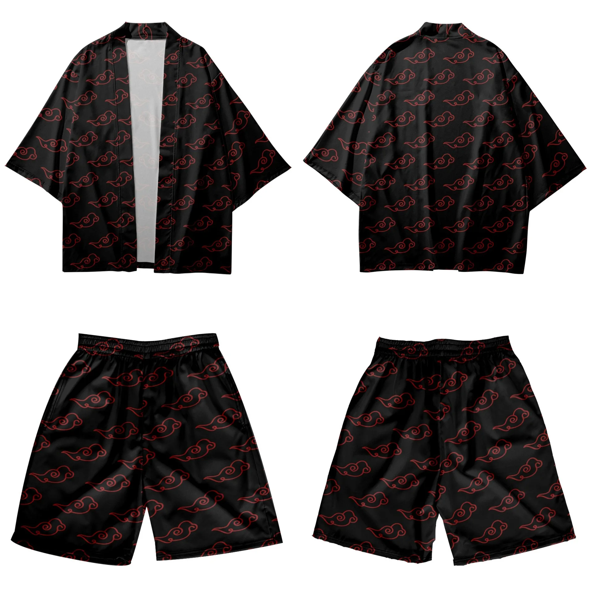 

Red Auspicious Clouds Printed Men Black Japanese Kimono Casual Loose Cardigan And Beach Shorts Set Asian Clothes Harajuku