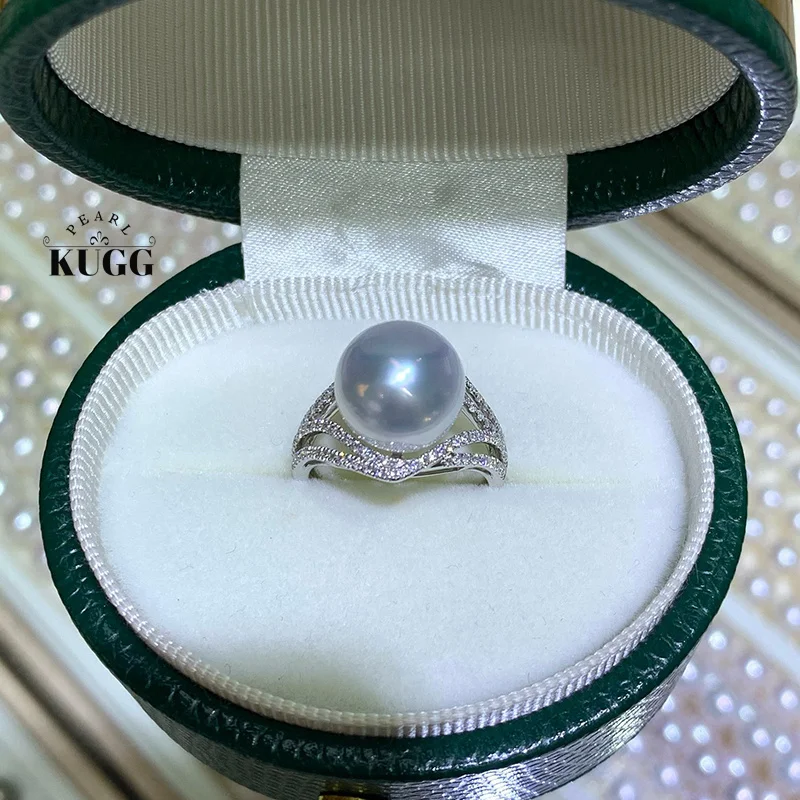 KUGG PEARL 18K White Gold Ring Shiny Diamond Luxury Design 11-12mm Natural Australian South Pearl Ring for Women Fine Jewelry