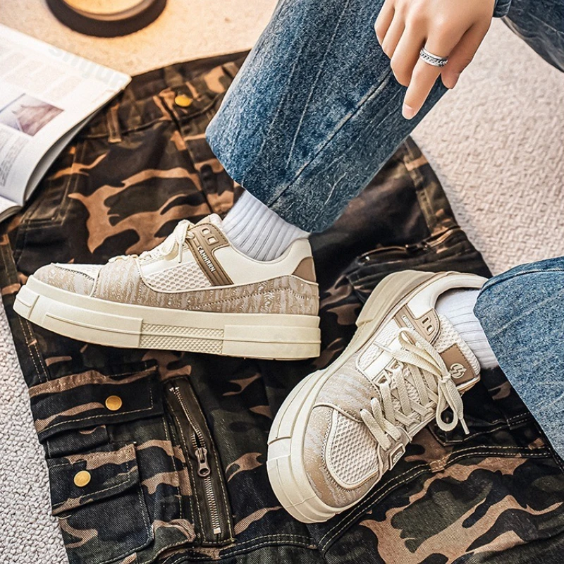 

Men Breathable Board Shoes Autumn New Fashion Lace Up Comfort Non Slip Sneakers Vintage Cross Strap Height Increase Casual Shoes