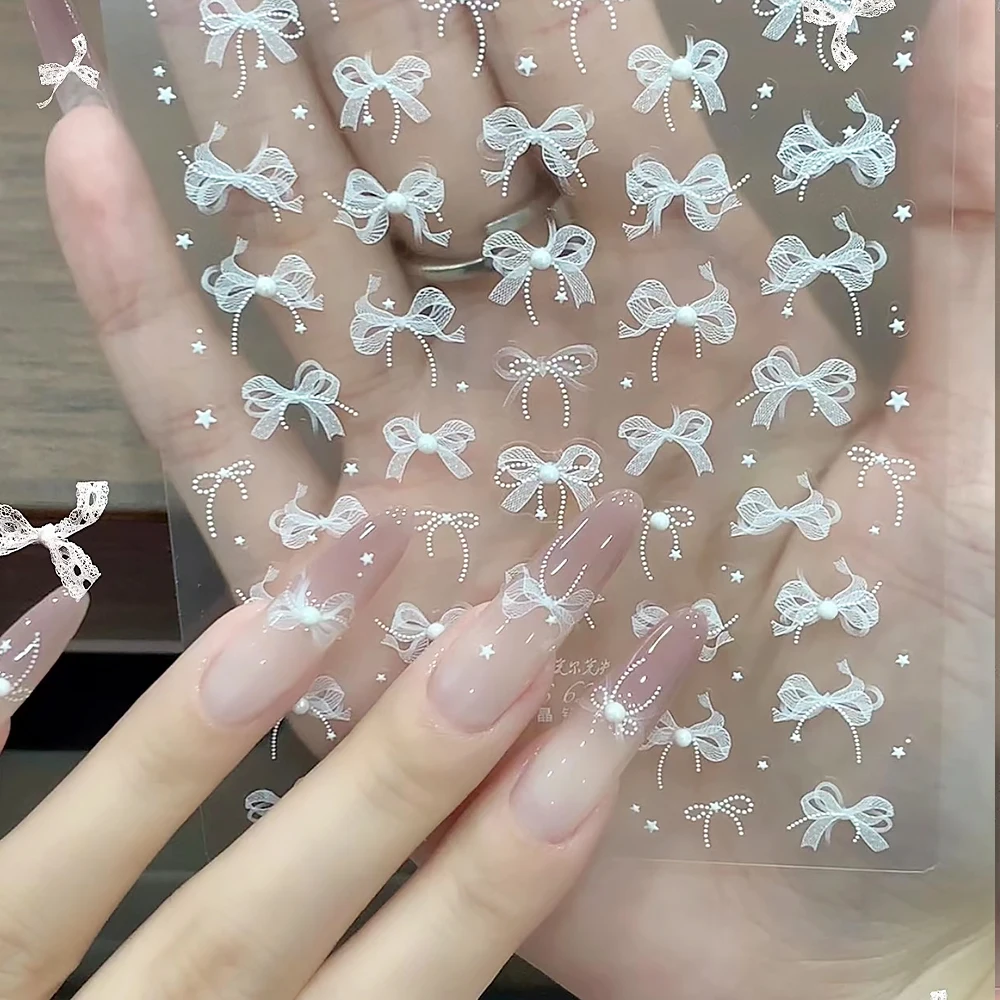 Autocollants pour ongles avec nœud papillon en dentelle blanche 5D, 1 pièce, élégant, Double couche, nœud papillon + perle, décalcomanies pour ongles, ruban auto-adhésif, décor de manucure