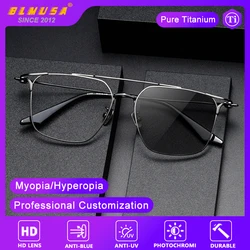 BLMUSA Fashion Pure Titanium Reading Glasses Men Square Oversize Frame Anti Blue Light Photochromic Prescription Optical Glasses