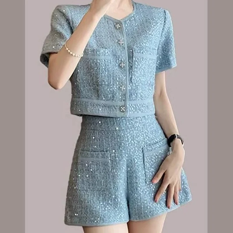 

Women's Summer Sequin orts Set Blue iny Two-Piece Suit High-End Sensation Small Fraance Sle Polyester Fiber