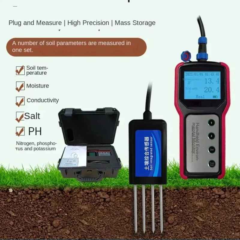 All-in-One Portable Soil Sensor Temperature Humidity Water Content Salt Conductivity PH Nitrogen Phosphorus Potassium Monitoring