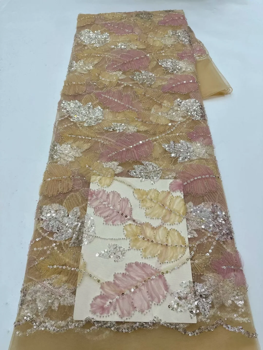 African & French Lace Fabric Per Meter,5Yard Pink Mesh Tulle Fabrics With Sequin & Beaded, Suitable For Wedding Dresses Design
