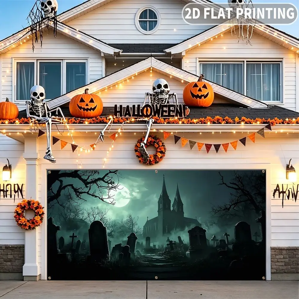 1pc 2D FLAT Halloween Party Garage Banner, Gothic Church Graveyard Moonlit Night Pattern, No Power Need, for Garage Door Decor